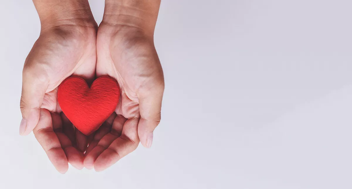 Two hands holding a red felted heart