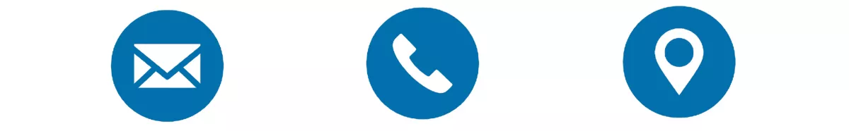 blue icons for email, telephone, and location